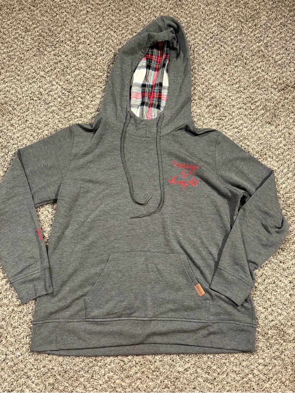 Maurices Gray Hoodie with Plaid-Lined Hood and Red Script